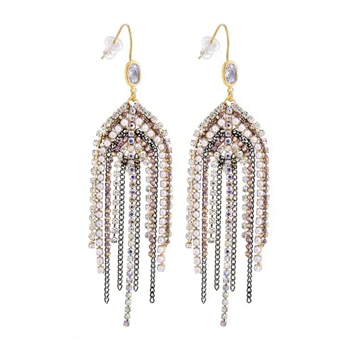 Fringe Dangling Tassel Earrings for Women, Handcrafted Chandelier Long Bohemian Beaded Cubic Zirconia Crystal Imitation Pearls Inlay Statement Boho Chain Hook Earrings for Wedding Party - color: Black