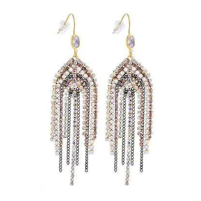 Fringe Dangling Tassel Earrings for Women, Handcrafted Chandelier Long Bohemian Beaded Cubic Zirconia Crystal Imitation Pearls Inlay Statement Boho Chain Hook Earrings for Wedding Party - color: Black