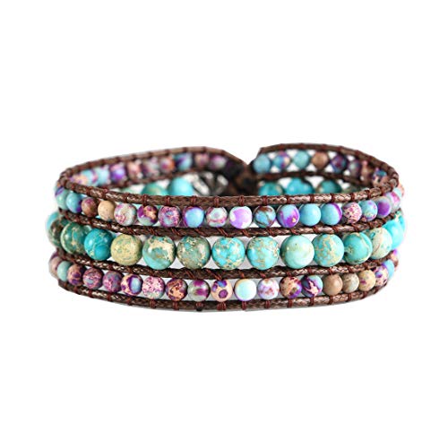 YGLINE Boho Handmade Natural Stone Bead 3 Row Wide Wrap Wrist Statment Bracelet Jewelry Collection - color: Regalite