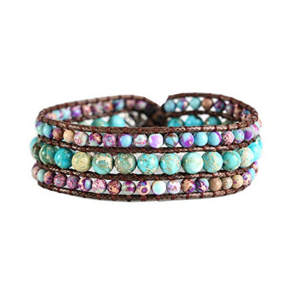 YGLINE Boho Handmade Natural Stone Bead 3 Row Wide Wrap Wrist Statment Bracelet Jewelry Collection - color: Regalite