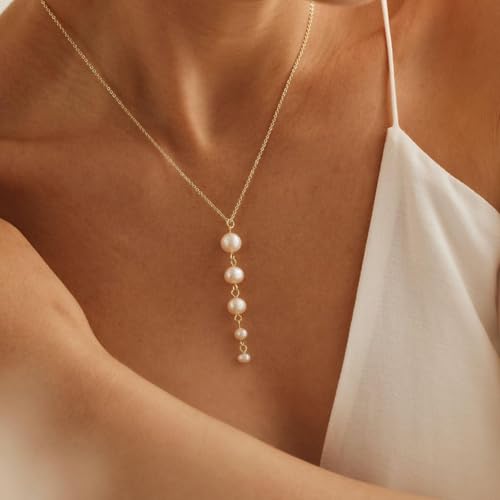 Pearl Necklace for Women, Dainty Pearls Choker Necklace for Women 14K Gold Plated Layered Pendant Necklace Handmade Gold Chain Necklace Everyday Jewelry Gift - color: Y Five Pearls