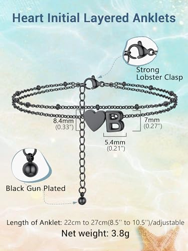 Initial Ankle Bracelets for Women, Dainty Stainless Steel Letter A-Z Layered Anklets, Heart Ankle Bracelet 8.5"-10.5" Adjustable, Summer Beach Jewelry, Come with Box - color: Black, size: B