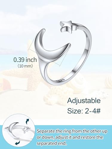 ChicSilver Toe Rings for Women 925 Sterling Silver Adjustable Toe Ring | 925 sterling silver, hypoallergenic for sensitive skin, adjustable open band, summer beach wear gift - color: G: Moon Star (1 pc)