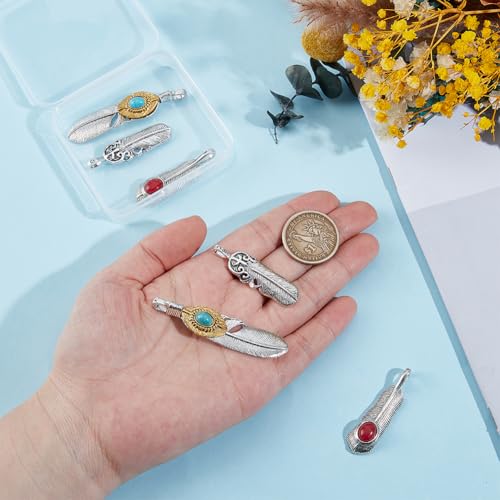 GORGECRAFT 6Pcs 3 Styles Silver Turquoise Bead Feather Charm Bulk Metal Alloy Pendant Dangles Native American Bohemian Wing Plumage Charms with for Jewelry Making Earring Necklace DIY Craft - style: Style 3