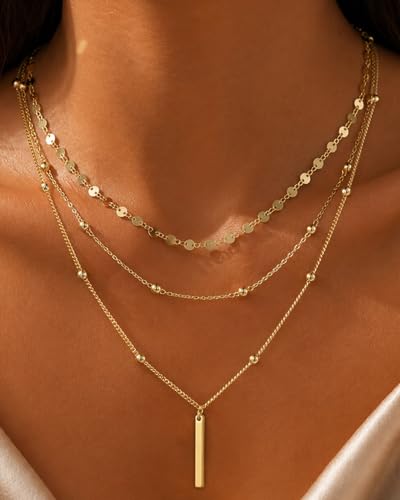 3 Pcs 14K Gold Plated Layered Gold Necklaces Stack for Women Pendant Set | Stackable Layering Design,Lightweight Fit,Tarnish-Resistant Finish,Adjustable Size,Less Tangling,Pretty Gift Jewelry - color: Gold Bar
