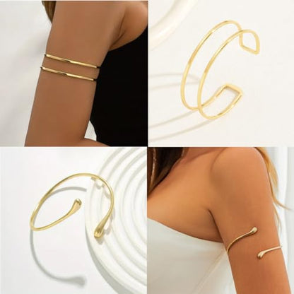 ItsStarred Minimalist Arm Cuff Gold Plated, Upper Arm Cuff Bangle Bracelet for Women, Adjustable Arm band Set 6 Pieces - color: B: Gold Plated Flower & Sun