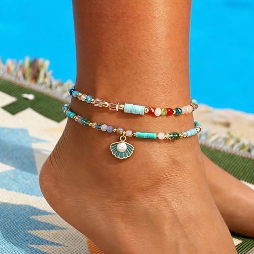 Starfish Shell Anklet Bracelets for Women, Boho Beaded Shell Anklet Set, Beach Vacation Foot Jewelry, Layered Summer Beachy Anklets - color: A6