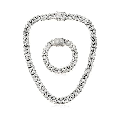 Luxval Tennis Necklace Set for Women Tennis Bracelets Diamond Earrings Sterling Silver Necklace Wedding Jewelry for Bride Silver Jewelry Sets for Women Gift - color: Silver-Cuban 2pcs