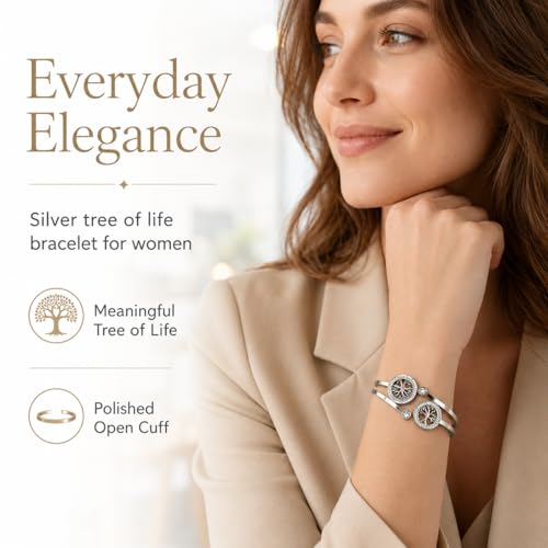 Gold Tree of Life Bangle Bracelet for Women, 18K Gold Plated Stainless Steel Double Layer Spring-Open Bangle, Meaningful Dainty Jewelry Gift - color: TREE SILVER