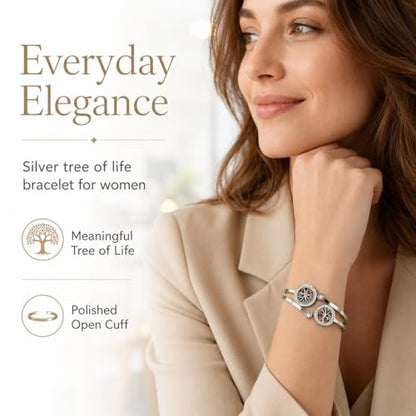 Gold Tree of Life Bangle Bracelet for Women, 18K Gold Plated Stainless Steel Double Layer Spring-Open Bangle, Meaningful Dainty Jewelry Gift - color: TREE SILVER