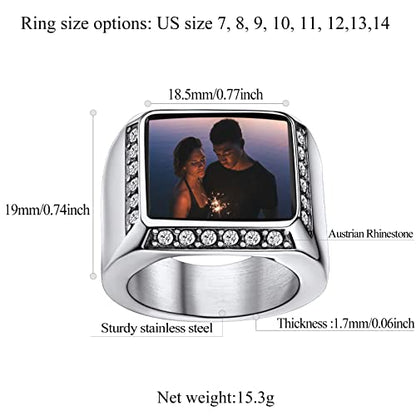 FindChic Customized Signet Photo Rings Square/Heart/Round Chunky Band Ring Stainless Steel/18K Gold Plated/Black Size 7 to 14 Personalized Jewelry for Men Women, Send Gift Box - color: 01. square (stainless steel)