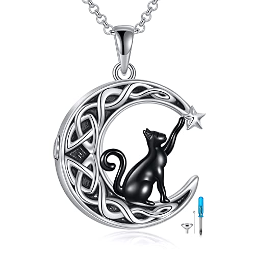 925 Sterling Silver Moon Black Cat Necklace for Women Cat Jewelry - style: E-Moon Black Cat Urn Necklace