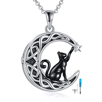 925 Sterling Silver Moon Black Cat Necklace for Women Cat Jewelry - style: E-Moon Black Cat Urn Necklace
