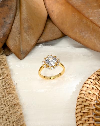 14k Gold Plated Big Round Statement Crystal Knuckle Thin Engagement Wedding Cubic Zirconia Rings for Women