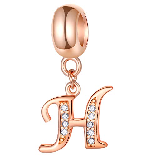 EMOSTAR Letter Charms Initial A-Z Alphabet Beads, Rose Gold 925 Sterling Silver Dangle CZ Birthstone Pendant, Gifts for European Charm Bracelet/Mothers Day/Birthday - color: Letter H