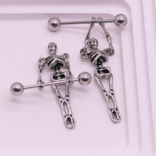 VERAMI 14G 16G Bat Devil Heart Nipple Rings Stainless Steel Heart Nipple Barbell Rings Tongue Rings Body Piercing for Women Men - color: SKULL