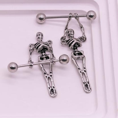 VERAMI 14G 16G Bat Devil Heart Nipple Rings Stainless Steel Heart Nipple Barbell Rings Tongue Rings Body Piercing for Women Men - color: SKULL