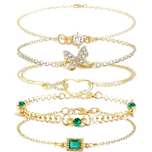 Alegend 14K Gold Plated Stackable Multilayer Bracelets + Titanium Steel(Not Rust, Resist Corruption, Easily Clean) 18K Gold Plated Single Bracelets - color: 14K Gold + 5PCS Crystal