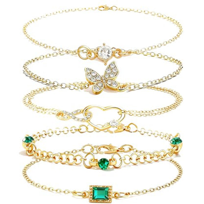 Alegend 14K Gold Plated Stackable Multilayer Bracelets + Titanium Steel(Not Rust, Resist Corruption, Easily Clean) 18K Gold Plated Single Bracelets - color: 14K Gold + 5PCS Crystal