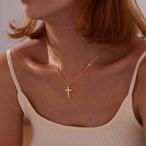 Poxtex Cross Necklace for Women Teen Girls, Dainty 14K Gold Silver Plated Cross Choker Jewelry Non Tarnish Waterproof Cute Simple Small Necklace Christian Baptism Religious Faith Jewelry Gifts - color: 06-Double Cross Necklace