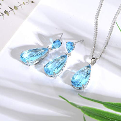 Wedding Jewelry Set for Bridesmaids - Sterling Silver Teardrop CZ Crystal Cubic Zirconia Rhinestone Diamond Bridal Necklace Earrings Set for Bride Mother of Bride Party Prom Birthstone Costume Jewelry - color: Mar-Aquamarine