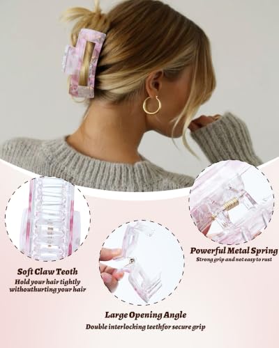 4PCS Large Claw Clips for Thick Hair, Large Acrylic Hair Clips | Modern Marble Geometric Design, Non-Slip Secure Hold for Long Hair, Buns, Updos and Everyday Styling - color: Silver + Rose Pink + Purple + Blue