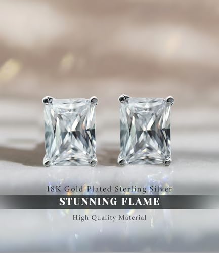 "STUNNING FLAME" Trillion-cut/Cushion-cut/Emerald-cut/Marquise-cut ... 18K White Gold Plated Sterling Silver Cubic Zirconia Simulated Diamond Stud Earrings for Women - color: Radiant-Cut, size: X-small-white gold plated silver