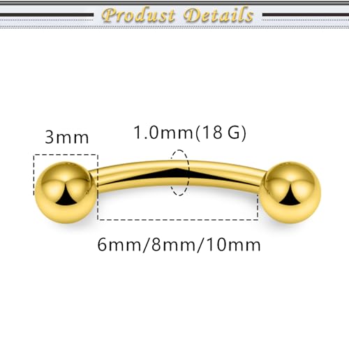 Internally Threaded Eyebrow Piercing Jewelry Surgical Steel Tiny Eyebrow Rings Vertical Labret Lip Jewelry Small Ear Rook Earring for Women Men 18g 16g 14g Plus Piercing Ball Grabber Tool - color: goldtone, size: 18g,ball end