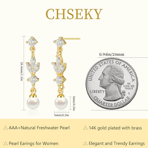 CHESKY Pearl Drop Earrings for Women, 14K Gold Plated Pearl Dangle Earrings | Dainty Pearl Earrings for Women,WaterProof Gold Brides Wedding Earrings,Bridesmaid Bridal Gift,Trendy Women Everyday Jewelry - style: leafs
