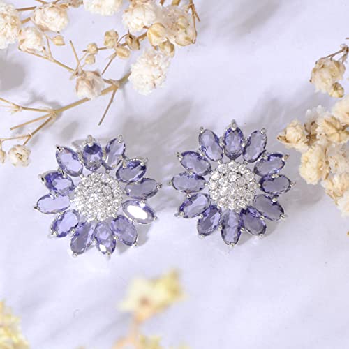Crystal Flower Burst Stud Earirings - Big Sterling Silver CZ Cubic Zirconia Rhinestone Daisy Sunflower Floral Cluster Studs Bridal Wedding Party Prom Costume Jewelry for Bride Bridesmaids Women Birthstone Birthday Gift - color: Purple