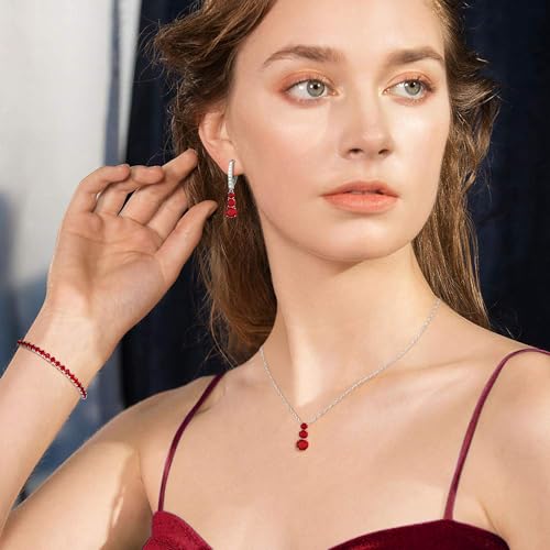 Crysdue Cubic Zirconia Jewelry Set for Women Bridesmaid, Classic Round Cut Drop Lightweight Lever Back Earrings Pendant Necklace Tennis Bracelet for Wedding Prom Party - style: 3pcs Red, Silver