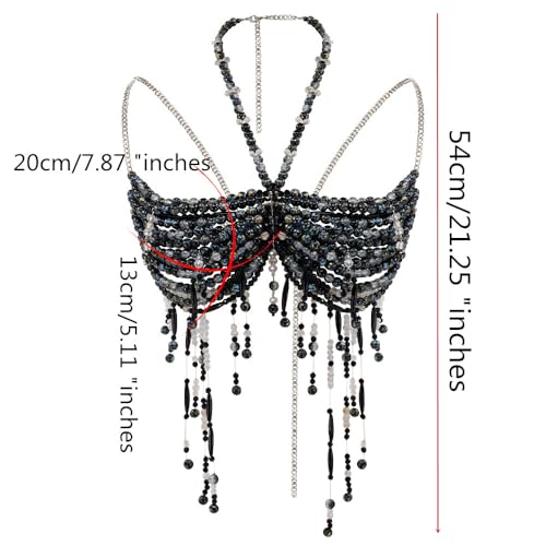 Black Beaded Bra, Body Chain Jewelry, Festival/Burlesque Costume
