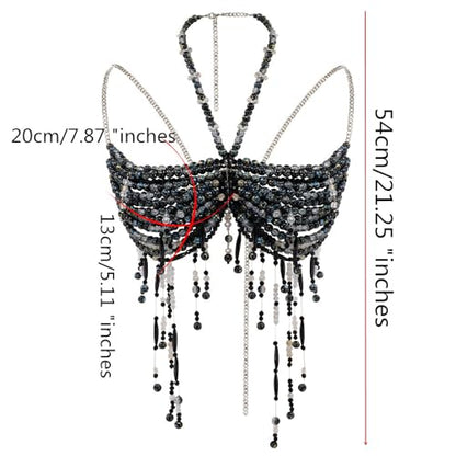 Black Beaded Bra, Body Chain Jewelry, Festival/Burlesque Costume