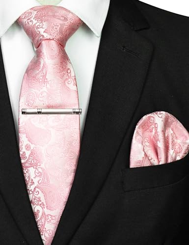 JEMYGINS Mens Solid Color Paisley Necktie and Pocket Square with Tie Clip Sets - color: Blush Pink
