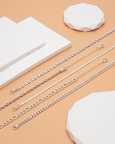 Sterling Silver Ankle Bracelets for Women Strong Lobster Clasp - Cuban Link, Figaro, Rope, Flat Mariner, Snake Herringbone, Satellite, Paperclip - Summer Beach Waterproof Silver Anklet - color: Cuban Link, Figaro, Rope, Flat Mariner, Snake