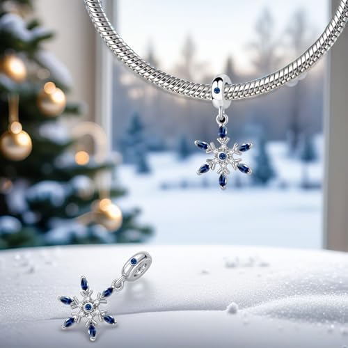 Snowflake Dangle Charm Birthstone Bead Compatible with Pandora Bracelet Women Christmas Gift - color: Deep Bule