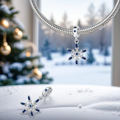 Snowflake Dangle Charm Birthstone Bead Compatible with Pandora Bracelet Women Christmas Gift - color: Deep Bule