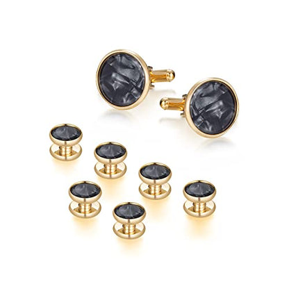 wynameleri Mens Classic Shirts Cufflink Studs, Mother-of-Pearl Tuxedo Shirt Button and Cuff Links Set, Formal Business Wedding Jewelry - color: MOP-Gold Black