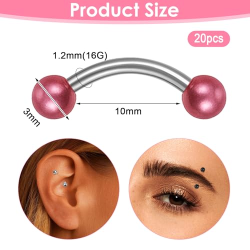 Yolev 20pcs 16g Eyebrow Piercing Jewelry Curved Barbell Eyebrow Rings 10mm | Stainless Steel, Vertical Labret, Lip Rook Piercing Jewelry, Tragus Lip Rings, For Women Men