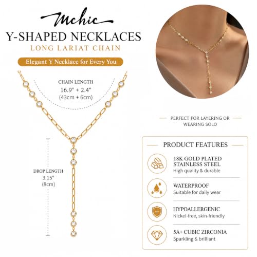 Mchic Gold Necklace for Women Dainty Long Lariat Necklace 18K Gold/Silver Plated Y-Shaped Pendant Necklaces Minimalist Layered Drop Necklaces Trendy Jewelry Gift - color: Gold1