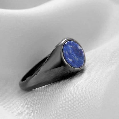 MYNENEY Stainless Steel Round Shape Classical Simple Plain Wedding Engagement Statement Pinky Band Signet Rings for Men Women Size 4-15 - color: Lapis lazuli-Black
