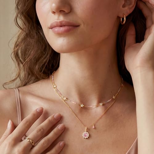 MEVECCO 14K Gold Plated Radiant Sun Necklace & Layered Satellite Chain Bead Bracelet Set for Women, Cubic Zirconia Birthstone Removable Pendant Design, Dainty Simple Jewelry
