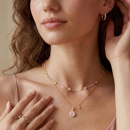 MEVECCO 14K Gold Plated Radiant Sun Necklace & Layered Satellite Chain Bead Bracelet Set for Women, Cubic Zirconia Birthstone Removable Pendant Design, Dainty Simple Jewelry