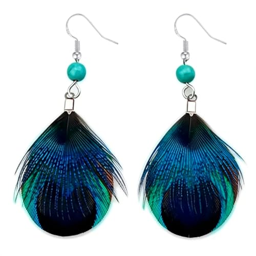 Feather Earrings for Women, Sterling Silver Hook Boho Style Peacock Long Feather Jewelry - color: Peacock Feather-2