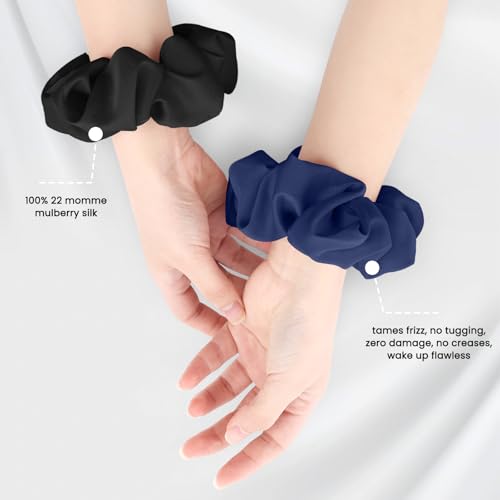 Silk Hair Scrunchies for Women, 100% Mulberry Silk Hair Ties, No Damage for Curly Hair, Large Scrunchie for Sleep, 1-Pack, Dark Navy Blue, L - color: Dark Navy Blue