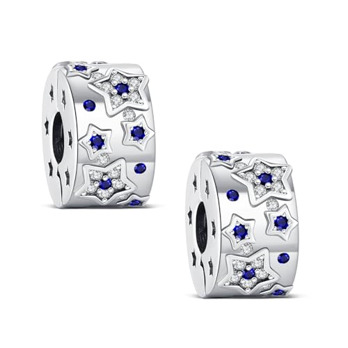 KEQ Clip Spacer Charm for Bracelet 925 Silver Pave Cubic Zirconia Clip Lock Stopper Bead Spacer For Women Bracelets Stopper Birthday Gifts European Openable Beads 2pcs - color: Starstar