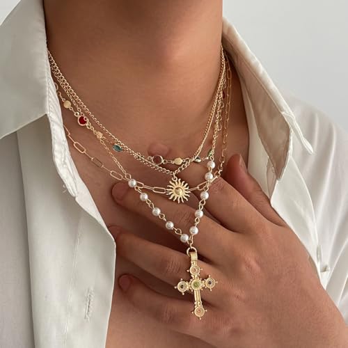 MODRSA Gold Stacked Layered Necklaces for Women Pearl Pendant Charm Cross Lariat Slip Shell Starfish Y Chain Necklace Adjustable Silver Boho Jewelry Gifts for Women Summer Vacation Beach Accessories - color: A1- Layered cross pearl - Gold