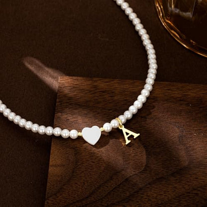 Turandoss Pearl Initial Necklaces for Women Trendy, Dainty 14K Gold Plated Heart Initial Pearl Pendent Necklace Bridesmaid Proposal Jewelry Personalized Gifts for Women Girls - color: I