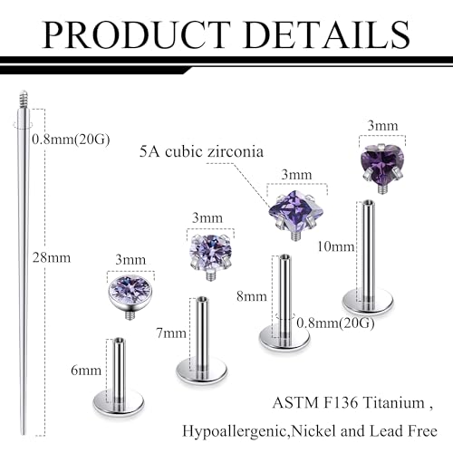 Titanium Flat Back Lip Rings Internally Threaded Earrings Studs Nose Rings 20G 18G 16G Round Heart Square CZ Tragus Cartilage Lobe Rook Helix Conch Labret Medusa Piercing Jewelry for Women Men - color: Purple CZ, size: 20G-6/8/10mm