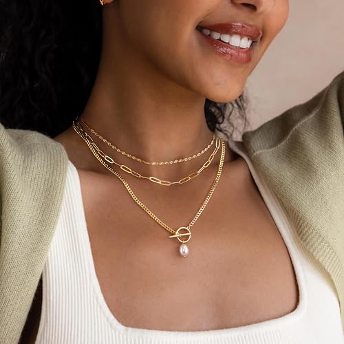Poxtex Layered Gold Necklaces for Women, Stackable Dainty 14K Gold Silver Plated Trendy Simple Heart Diamond Cross Bow Circle Pendant Paperclip Choker Dot Chain Necklace,Jewelry Set Gifts for Women - color: Gold, style: Pearl1